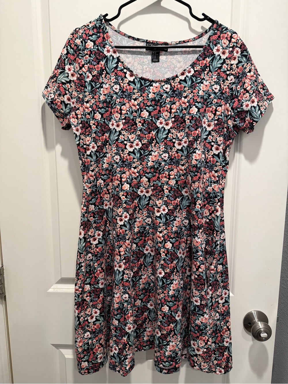 Forever 21 Black Floral Short Sleeve Mini Dress with Pink Blooms